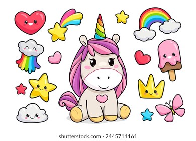 Fairytale Kawaii collection of funny baby unicorn ice cream, rainbow, cute cloud, happy star, heart, cartoon crown emotions (Doodle vector pattern). Colorful kawaii elements for kids design 