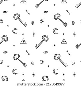 Fairytale key mystical freemason seamless pattern, celestial black and white doodles dark boho gothic ornament, vector clipart