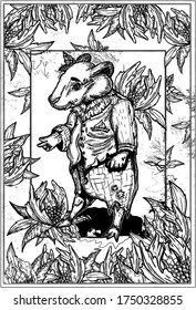 Fairytale kind character, forest friendly Senor badger with a sweet smile and a friendly outstretched paw, dressed in a vest and shirt with a beautiful collar in surrounded large flowers and leaves.