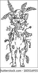 Fairytale kind character, plump cute smiling creature, funny forest troll with growing leaves, sprouts and flowers on body, with big ears and chubby cheeks, with scales and in speck stand full growth.