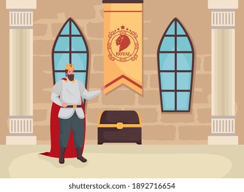 Fairytale king cartoon at room design, Fantasy magic and medieval theme Vector illustration