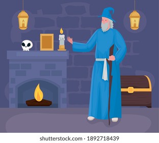 Fairytale king cartoon at room design, Fantasy magic and medieval theme Vector illustration
