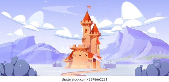 Fairytale king castle near rocky mountains in winter under snow. Cartoon ancient palace with gate, towers and flag in middle of snowy meadow at hills. Pathway leads to entrance to royal medieval house svg