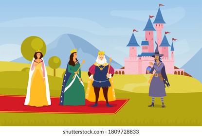 Fairytale King and Queen with courtiers and wizard outdoors on a red carpet in front of a turreted castle, colored vector illustration