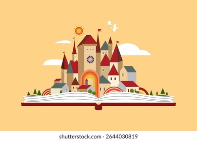 O reino dos contos de fadas cresce a partir de um livro, cidade dos contos de fadas, sala de crianças, decoração de parede de sala de aula. Ilustração vetorial colorida