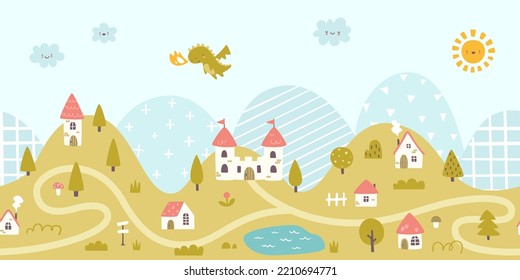 Fairytale kingdom landscape seamless bottom border. Medieval village print for nursery wall art.