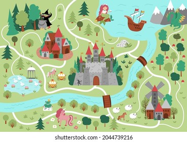 Fairytale kingdom map. Medieval village background. Vector fairy tale castle infographic elements with sea, mountains, forest, ship. Fantasy town plan with unicorn, witch, mermaid, dragon, frog prince svg