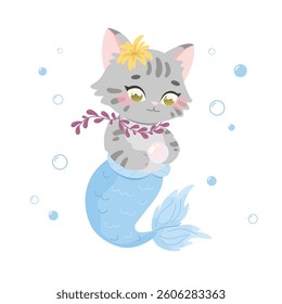 Fairytale kitten mermaid with a big pearl in her paws. Cute children's character. Kawaii sea animal. Cat vector illustration