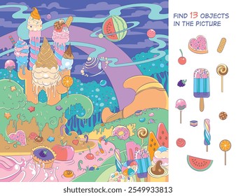 Fairytale Land of Candies. Find 13 hidden objects in the picture. Hidden Object Puzzle. Vector Illustration