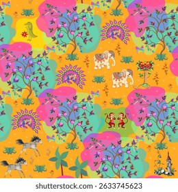 Fairytale land. Cute cartoon India or Thailand with elephants, peacocks, crocodile, monkeys, horses, butterflies, blooming trees, castle, flowers, tiny hearts on orange background. Seamless pattern.
