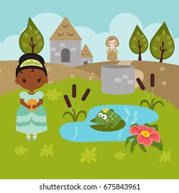 Fairytale landscape with beautiful princess. Vector illustration.