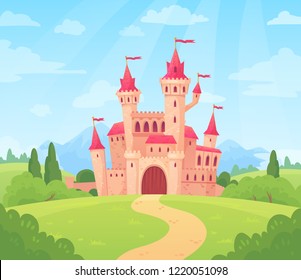 Fairytale landscape with castle. Fantasy palace tower, fantastic fairy house or magic castles kingdom. Old medieval stone tale castle architecture building cartoon vector background