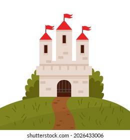 Fairytale landscape with castle isolated on a white background. White tower with red flags, fairy house or magic castles kingdom. Vector flat illustration.