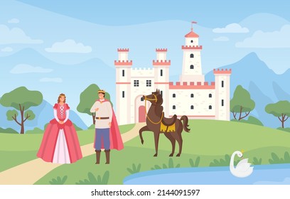 Fairytale landscape with castle. Prince and princess standing on meadow with horse. Medieval magical kingdom exterior. Ancient legend characters, romantic couple vector illustration