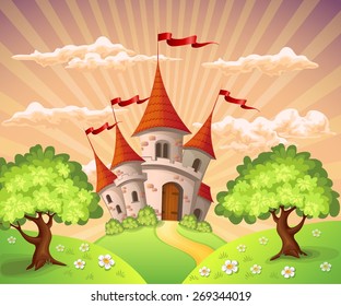 Fairytale landscape with castle. Vector illustration