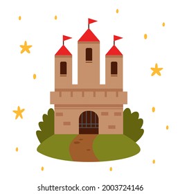 Fairytale landscape with castle. White tower with red flags, fairy house or magic castles kingdom. Vector flat illustration.