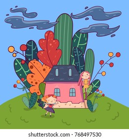 Fairytale landscape with cute pixie girls and little pink house surrounded by plants. Doodle fantasy land. Vector childish design for book cover or card