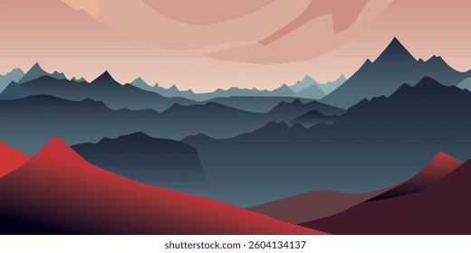 Fairytale landscape depicting Mountains in the evening in cartoon style. Vector illustration of a mountain landscape in gray-brown shades for your designs