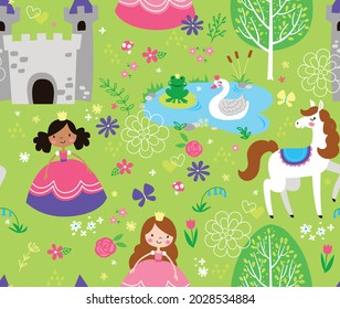 A fairytale landscape filled with magical princesses, castles, swans, frog prince and royal pony. This pattern repeats seamlessly and is perfect for little aspiring princesses. 