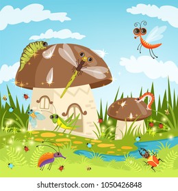 Fairytale landscape with funny insects. Vector fairytale landscape with insect and mushroom house illustration