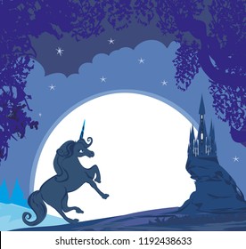 Fairytale landscape with magic castle and unicorn