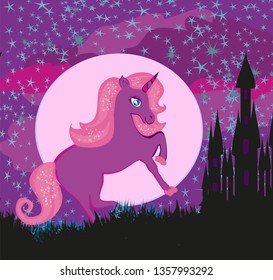 Fairytale landscape with magic castle and unicorn