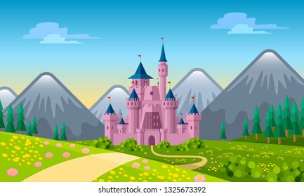 Fairytale landscape with old medieval castle. Calm spring or summer scenery with flowers, meadows, trees and mountains in fairy cartoon style. Vector illustration.