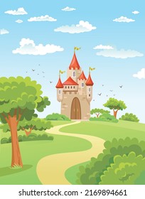 FairyTale landscape, the road leading to the castle. Vector illustration