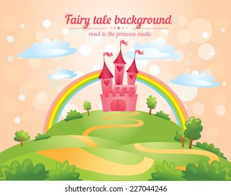 FairyTale landscape, the road leading to the castle. Vector illustration