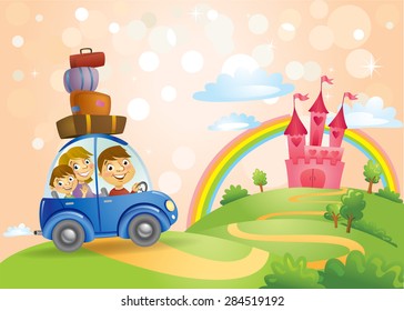 FairyTale landscape, the road leading to the castle and a family in the car on it. Vector illustration