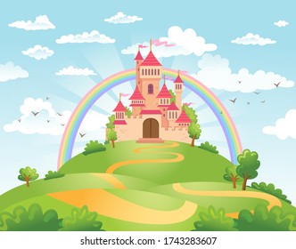 FairyTale landscape, the road leading to the princess castle. Vector illustration