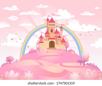 El paisaje de FairyTale, la carretera que lleva al castillo de la princesa. Ilustración del vector