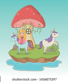 fairytale landscape scene with fungus and princess in unicorn