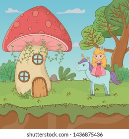 fairytale landscape scene with fungus and princess in unicorn