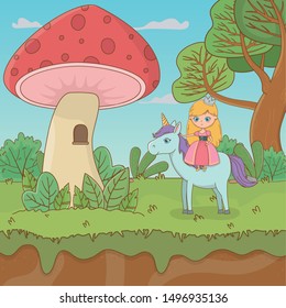 fairytale landscape scene with fungus and princess in unicorn