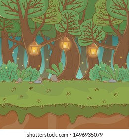 fairytale landscape scene with lanterns hanging