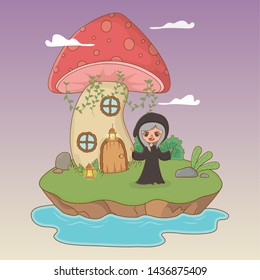 fairytale landscape scene with witch