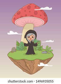 fairytale landscape scene with witch