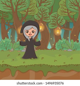 fairytale landscape scene with witch