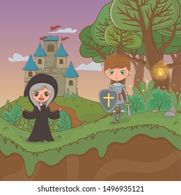 fairytale landscape scene with witch and warrior