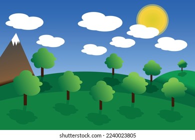 Fairytale landscape sun glade trees clouds and mountain, colorful vector graphics.