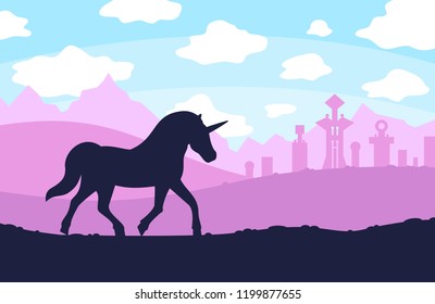 Fairytale landscape with unicorn, vector illustration
