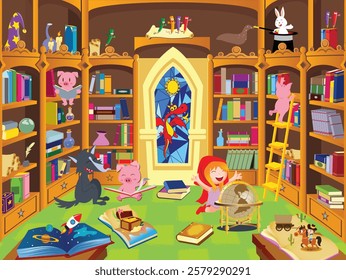 Fairytale library book shelves cartoon vector illustration. Big room of colorful books for children. red riding hood,wolf, wizard bunny, cartoon pigs, treasure, crayon characters,space rocket, dragon