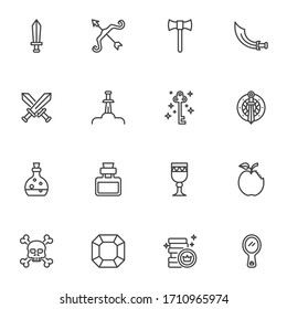 Fairytale Line Icons Set, Fantasy Outline Vector Symbol Collection, Linear Style Pictogram Pack. Signs, Logo Illustration. Set Includes Icons As Battle Sword Axe, Magic Key, Poison Bottle, Mirror