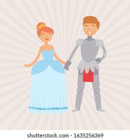 Fairytale love of knight in armour and princess in golden crown vector cartoon characters illustration. Fantasy knight and beautiful princess lady in dress. Fairy tale marriage and love.