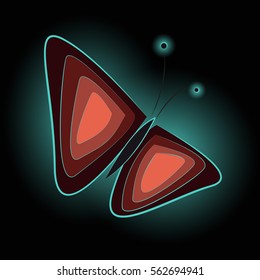 Fairytale luminous butterfly. Dark background. Vector illustration