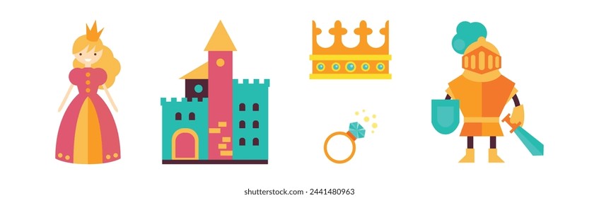 Fairytale Magic Flat Icon Design with Castle, Princess, Ring and Knight Vector Set