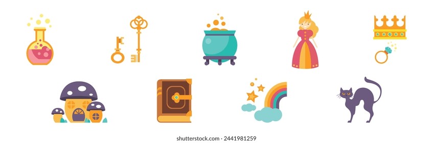 Fairytale Magic Flat Icon Design with Potion, Key, Cauldron, Princess, Mushroom House, Book, Cat and Rainbow Vector Set