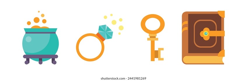 Fairytale Magic Flat Icon Design with Ring, Key, Spellbook and Cauldron Vector Set