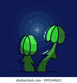 Fairy-tale with magic green mushroom on dark blue background. Mysterious light and fireflies.